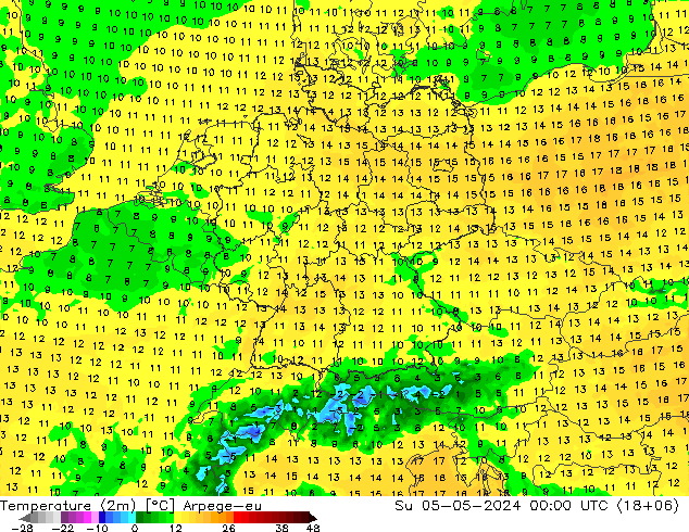 Sıcaklık Haritası (2m) Arpege-eu Paz 05.05.2024 00 UTC