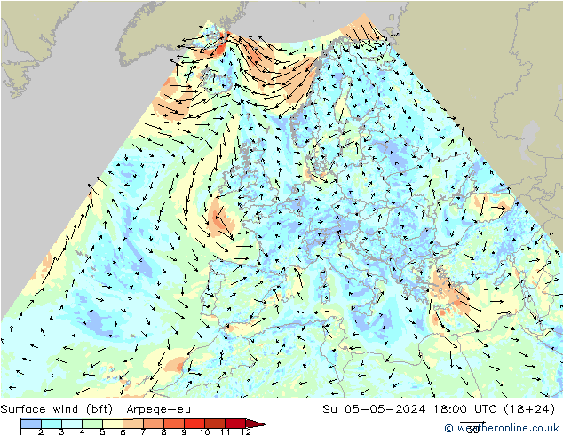 Wind 10 m (bft) Arpege-eu zo 05.05.2024 18 UTC