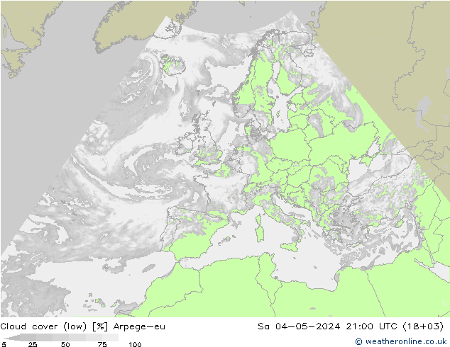 Cloud cover (low) Arpege-eu Sa 04.05.2024 21 UTC