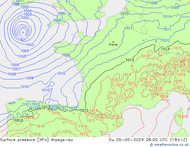Pressione al suolo Arpege-eu dom 05.05.2024 06 UTC