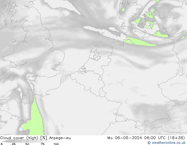 Cloud cover (high) Arpege-eu Mo 06.05.2024 06 UTC