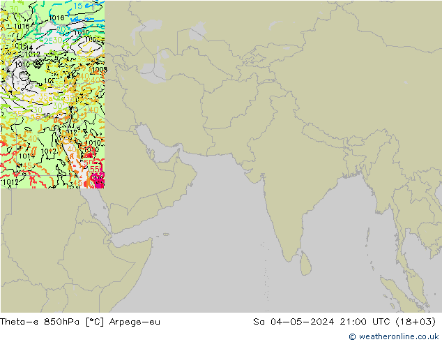 Theta-e 850hPa Arpege-eu 星期六 04.05.2024 21 UTC