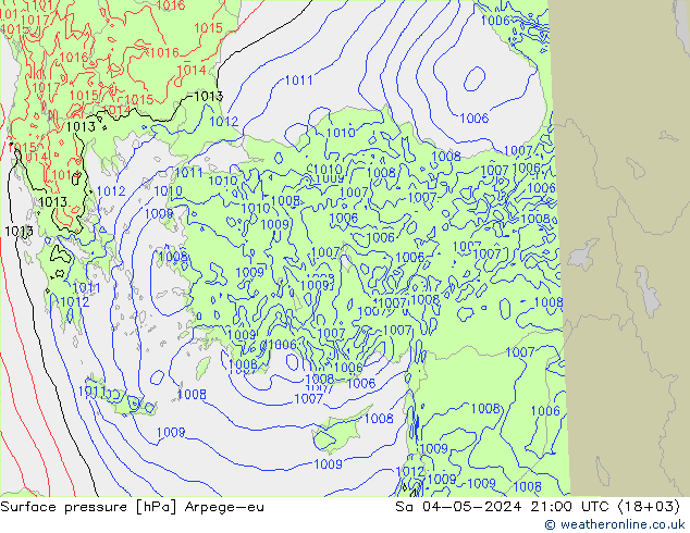 Atmosférický tlak Arpege-eu So 04.05.2024 21 UTC