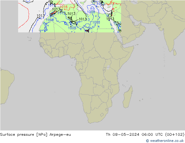 Surface pressure Arpege-eu Th 09.05.2024 06 UTC