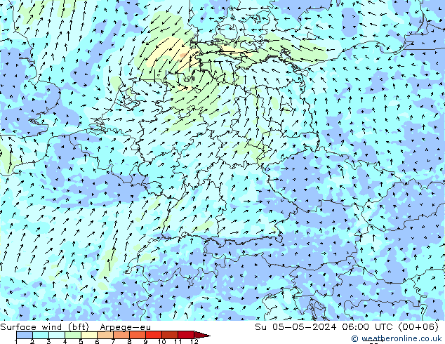 Surface wind (bft) Arpege-eu Su 05.05.2024 06 UTC