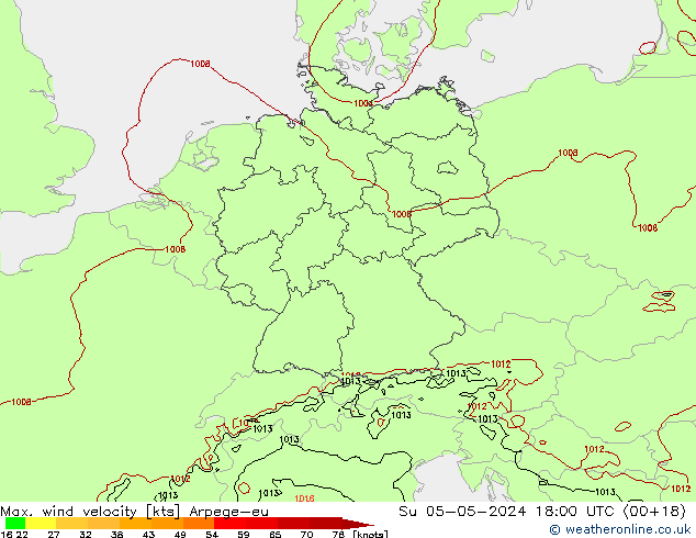 Max. wind snelheid Arpege-eu zo 05.05.2024 18 UTC