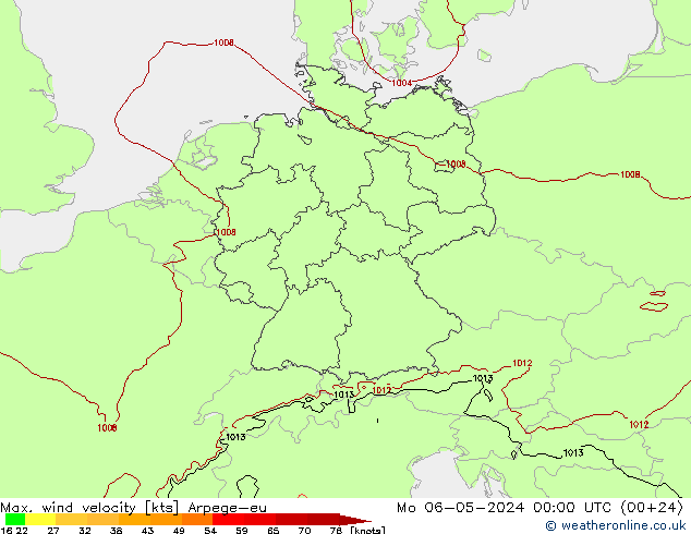 Max. wind velocity Arpege-eu pon. 06.05.2024 00 UTC