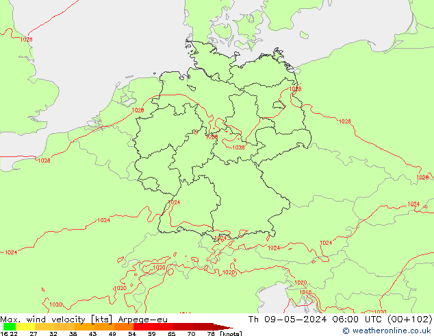 Max. wind velocity Arpege-eu Th 09.05.2024 06 UTC