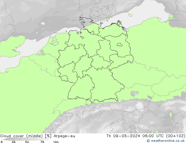 oblačnosti uprostřed Arpege-eu Čt 09.05.2024 06 UTC