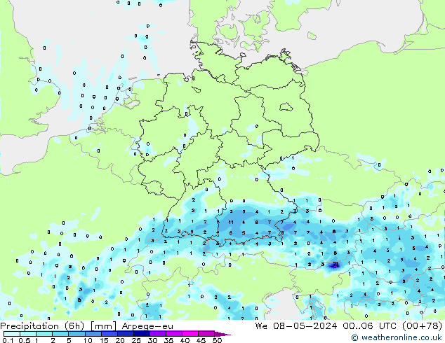 Yağış (6h) Arpege-eu Çar 08.05.2024 06 UTC