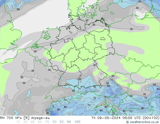 RH 700 hPa Arpege-eu Th 09.05.2024 06 UTC