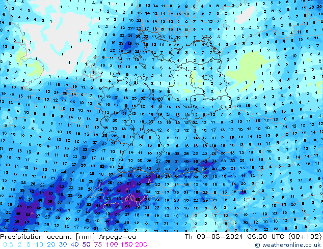 Precipitation accum. Arpege-eu Th 09.05.2024 06 UTC