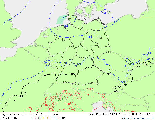 High wind areas Arpege-eu Su 05.05.2024 09 UTC
