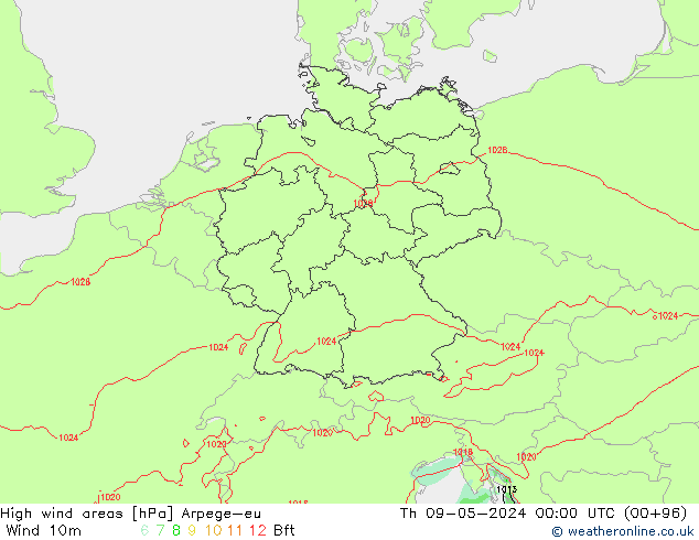 High wind areas Arpege-eu Th 09.05.2024 00 UTC