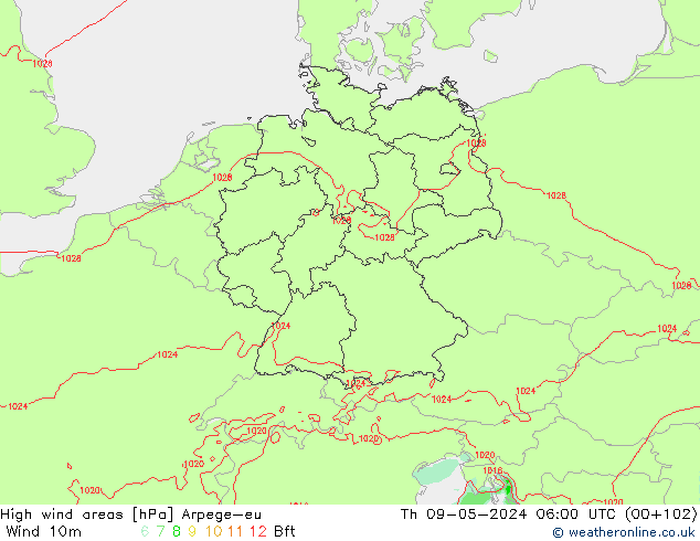 yüksek rüzgarlı alanlar Arpege-eu Per 09.05.2024 06 UTC