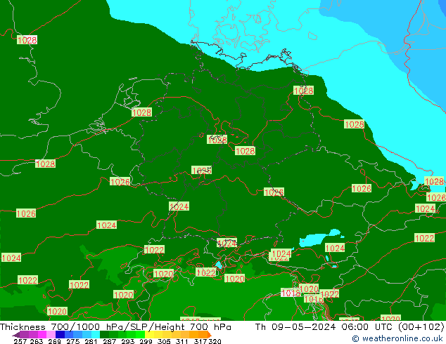 Thck 700-1000 hPa Arpege-eu Qui 09.05.2024 06 UTC