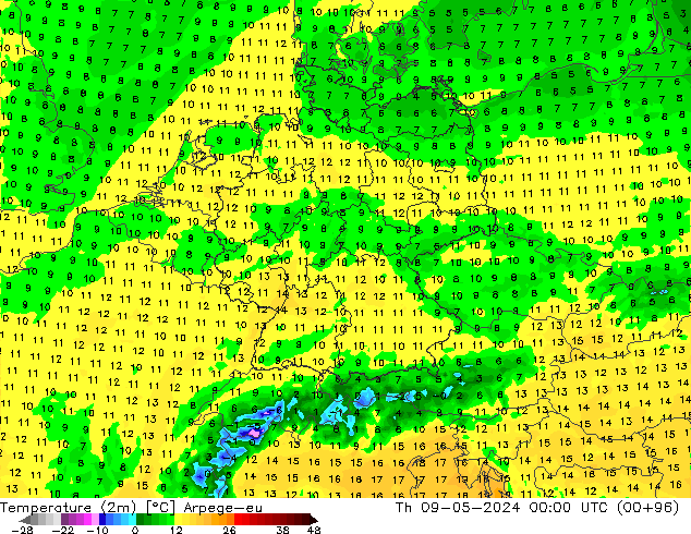 Temperature (2m) Arpege-eu Čt 09.05.2024 00 UTC