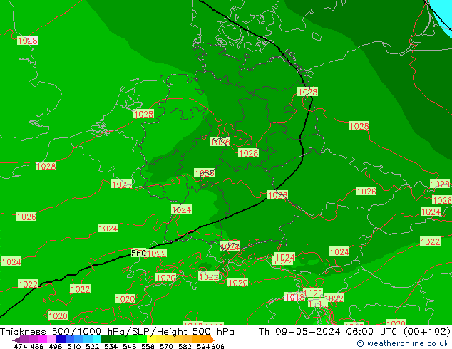 Espesor 500-1000 hPa Arpege-eu jue 09.05.2024 06 UTC