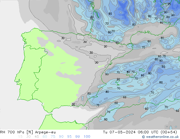 Humidité rel. 700 hPa Arpege-eu mar 07.05.2024 06 UTC