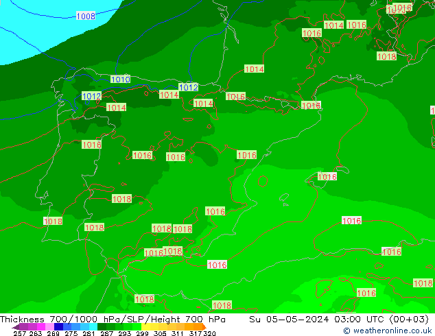 Espesor 700-1000 hPa Arpege-eu dom 05.05.2024 03 UTC