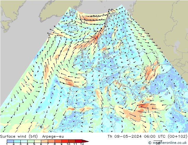 Bodenwind (bft) Arpege-eu Do 09.05.2024 06 UTC