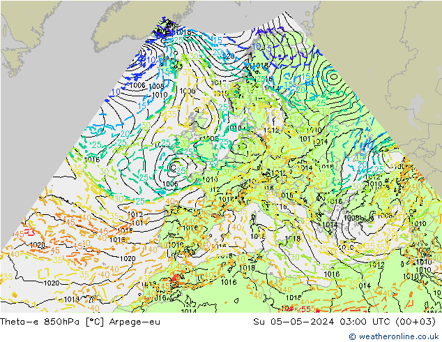 Theta-e 850hPa Arpege-eu Su 05.05.2024 03 UTC