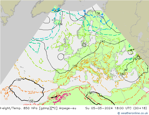 Hoogte/Temp. 850 hPa Arpege-eu zo 05.05.2024 18 UTC