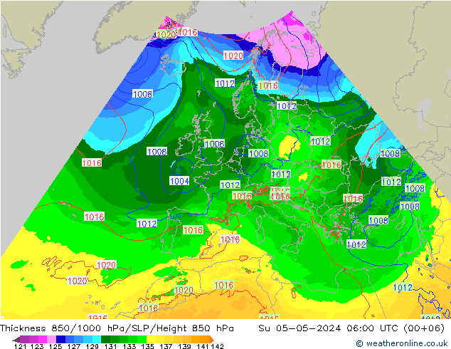 Schichtdicke 850-1000 hPa Arpege-eu So 05.05.2024 06 UTC