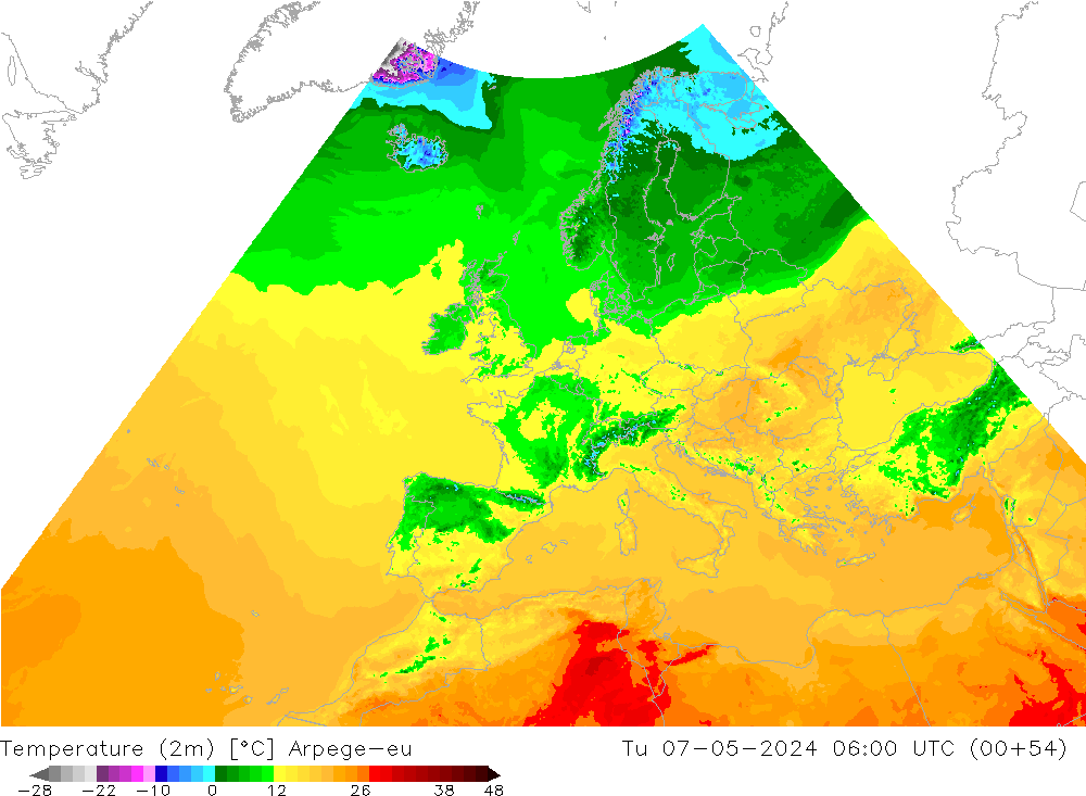 température (2m) Arpege-eu mar 07.05.2024 06 UTC