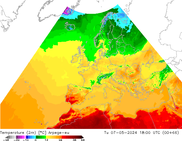 Temperatuurkaart (2m) Arpege-eu di 07.05.2024 18 UTC