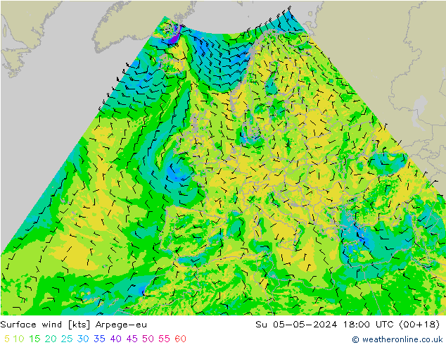 Rüzgar 10 m Arpege-eu Paz 05.05.2024 18 UTC