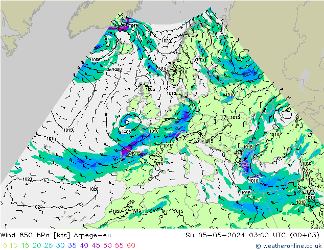 Wind 850 hPa Arpege-eu So 05.05.2024 03 UTC