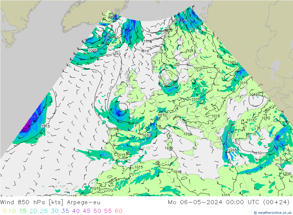 Vento 850 hPa Arpege-eu lun 06.05.2024 00 UTC