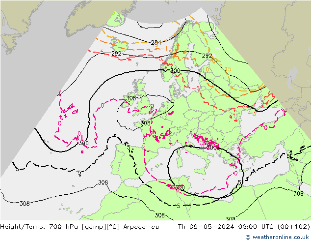 Geop./Temp. 700 hPa Arpege-eu jue 09.05.2024 06 UTC