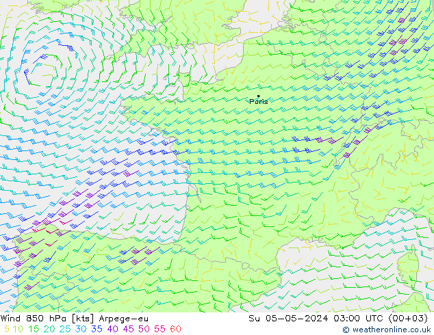 Wind 850 hPa Arpege-eu Su 05.05.2024 03 UTC