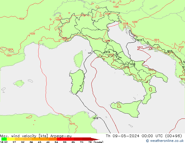 Max. wind velocity Arpege-eu Čt 09.05.2024 00 UTC