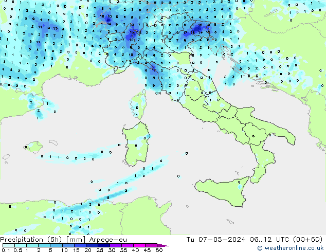 Precipitation (6h) Arpege-eu Tu 07.05.2024 12 UTC