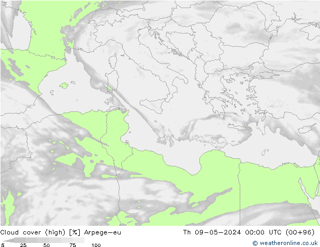 Cloud cover (high) Arpege-eu Th 09.05.2024 00 UTC