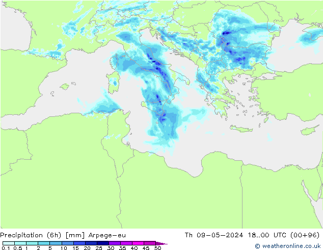 Precipitation (6h) Arpege-eu Čt 09.05.2024 00 UTC