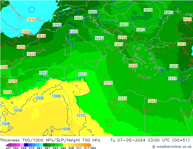 Thck 700-1000 hPa Arpege-eu mar 07.05.2024 03 UTC