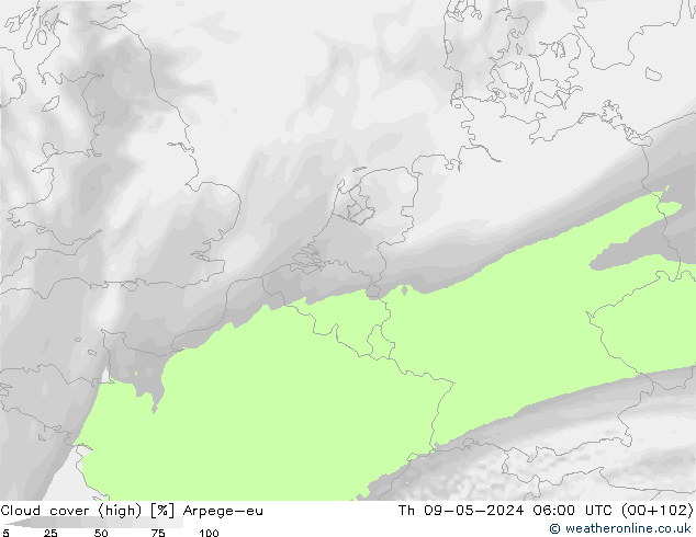 zachmurzenie (wysokie) Arpege-eu czw. 09.05.2024 06 UTC