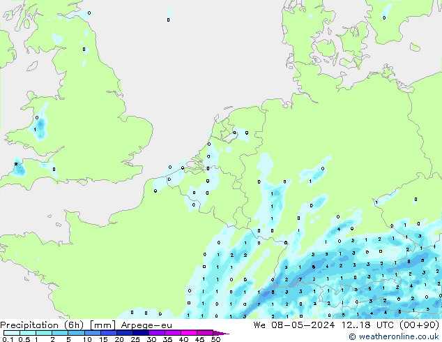 Totale neerslag (6h) Arpege-eu wo 08.05.2024 18 UTC