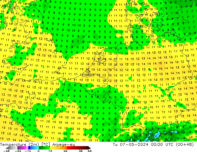 Sıcaklık Haritası (2m) Arpege-eu Sa 07.05.2024 00 UTC