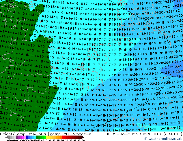 Height/Temp. 500 hPa Arpege-eu Th 09.05.2024 06 UTC