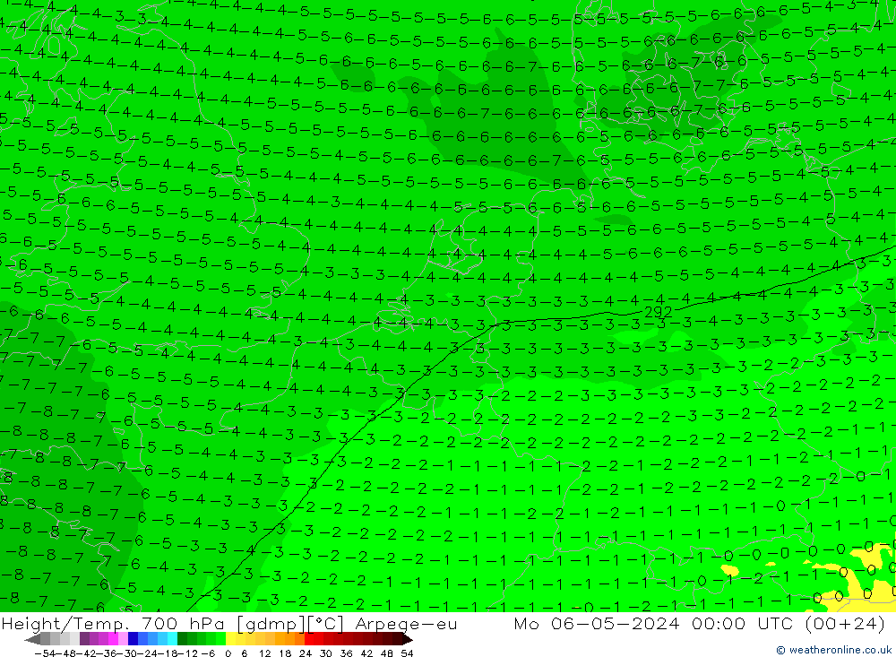 Height/Temp. 700 hPa Arpege-eu Mo 06.05.2024 00 UTC