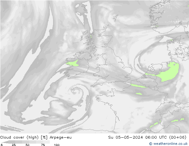Cloud cover (high) Arpege-eu Su 05.05.2024 06 UTC