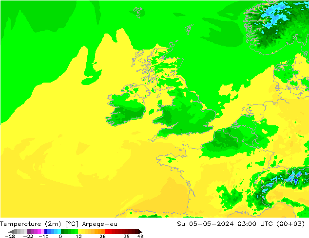 Sıcaklık Haritası (2m) Arpege-eu Paz 05.05.2024 03 UTC