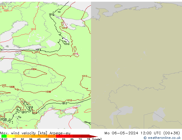 Max. wind velocity Arpege-eu Mo 06.05.2024 12 UTC