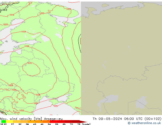 Max. wind velocity Arpege-eu чт 09.05.2024 06 UTC