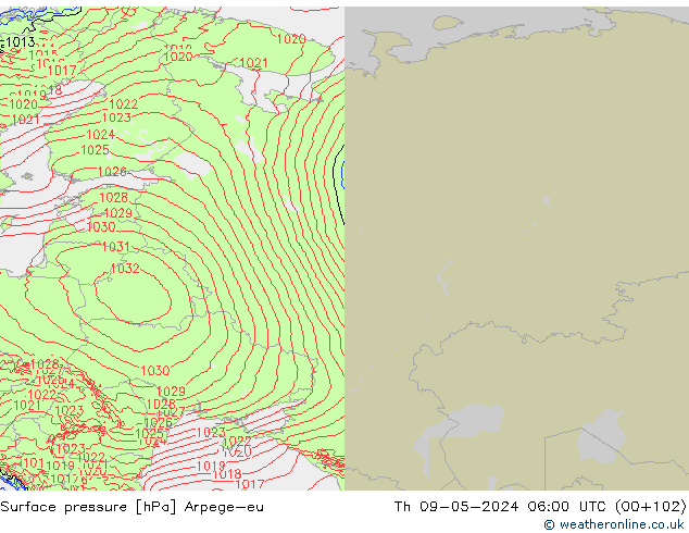 Presión superficial Arpege-eu jue 09.05.2024 06 UTC